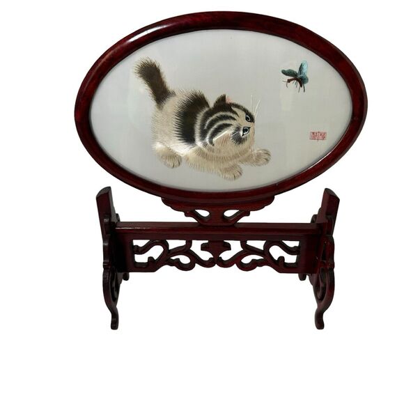 VINTAGE ASIAN CHINESE FRAMED EMBOIDERED SILK CAT & Butterfly-WOODEN FRAME-Signed